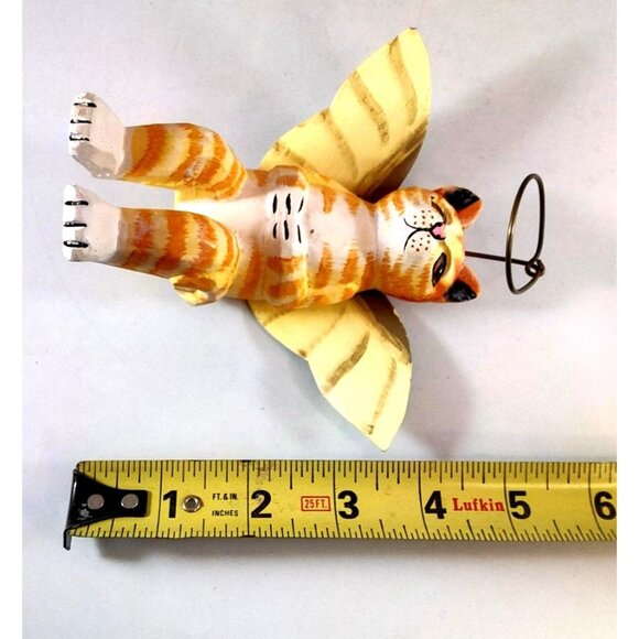Folk Art Handcrafted Angel Cat Shelf Sitter Yellow & White With Wings 6x5.5" - Picture 12 of 13